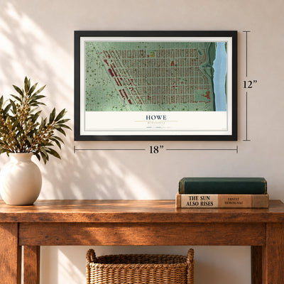 Howe, Minnesota map, 12 x 18 inch print in a black frame in an entryway