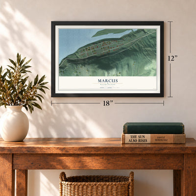 Marcus, Washington map, 12 x 18 inch print in a black frame in an entryway