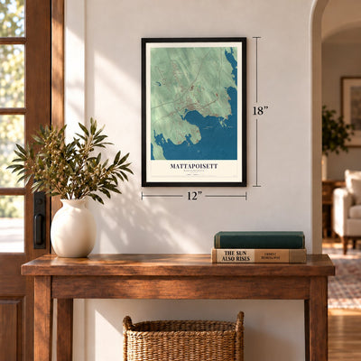 Mattapoisett, Massachusetts map, 12 x 18 inch print in a black frame in an entryway