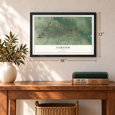Fairview, Texas map, 12 x 18 inch print in a black frame in an entryway
