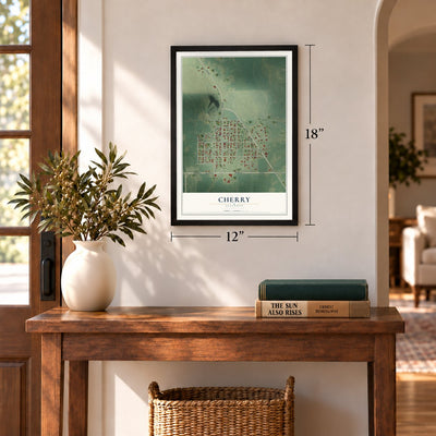 Cherry, Illinois map, 12 x 18 inch print in a black frame in an entryway