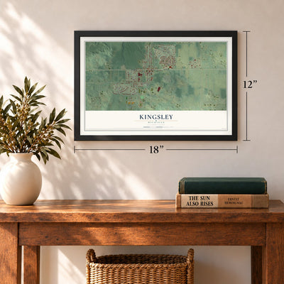 Kingsley, Michigan map, 12 x 18 inch print in a black frame in an entryway