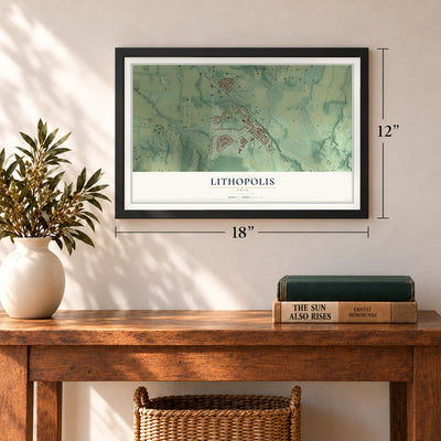 Lithopolis, Ohio map, 12 x 18 inch print in a black frame in an entryway