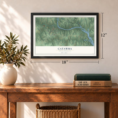 Catawba, North Carolina map, 12 x 18 inch print in a black frame in an entryway