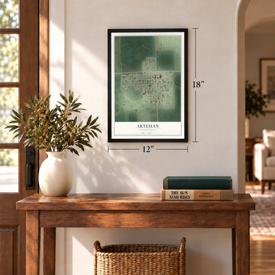 Artesian, South Dakota map, 12 x 18 inch print in a black frame in an entryway
