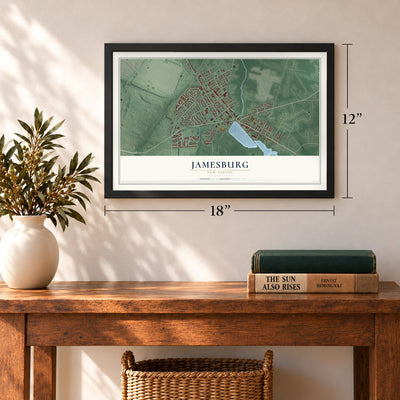 Jamesburg, New Jersey map, 12 x 18 inch print in a black frame in an entryway