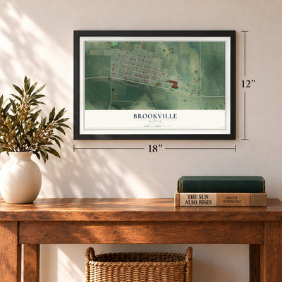 Brookville, Kansas map, 12 x 18 inch print in a black frame in an entryway