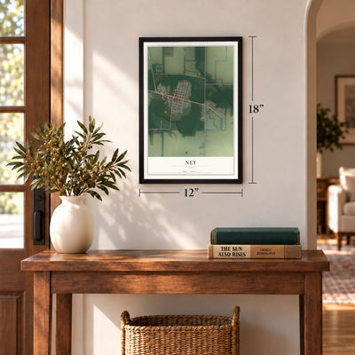 Ney, Ohio map, 12 x 18 inch print in a black frame in an entryway