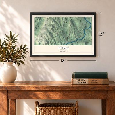 Putney, Vermont map, 12 x 18 inch print in a black frame in an entryway