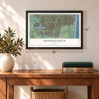Deerfield Beach, Florida map, 12 x 18 inch print in a black frame in an entryway