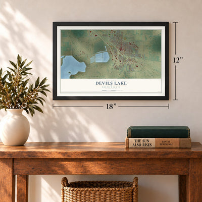 Devils Lake, North Dakota map, 12 x 18 inch print in a black frame in an entryway