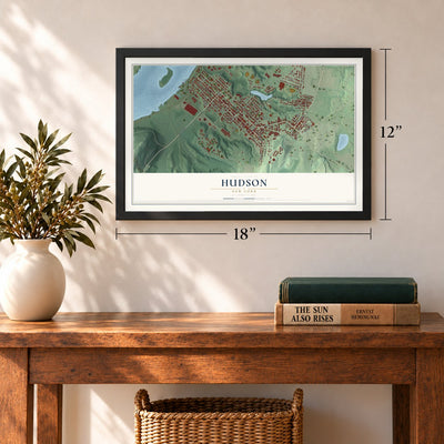 Hudson, New York map, 12 x 18 inch print in a black frame in an entryway