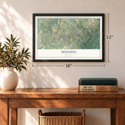 Dingman, Pennsylvania map, 12 x 18 inch print in a black frame in an entryway