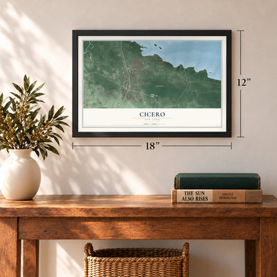 Cicero, New York map, 12 x 18 inch print in a black frame in an entryway
