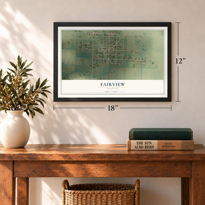 Fairview, Missouri map, 12 x 18 inch print in a black frame in an entryway