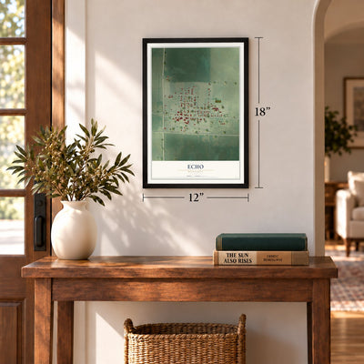 Echo, Minnesota map, 12 x 18 inch print in a black frame in an entryway