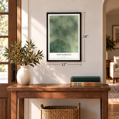 New Florence, Missouri map, 12 x 18 inch print in a black frame in an entryway