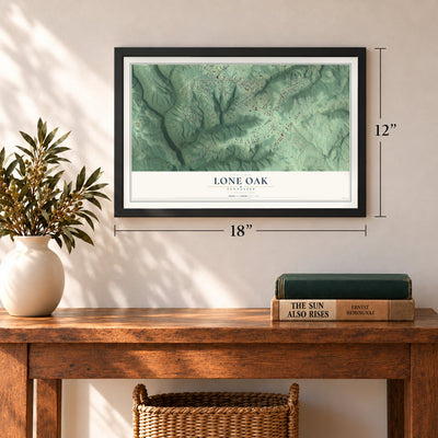 Lone Oak, Tennessee map, 12 x 18 inch print in a black frame in an entryway