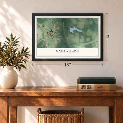 Unity Village, Missouri map, 12 x 18 inch print in a black frame in an entryway