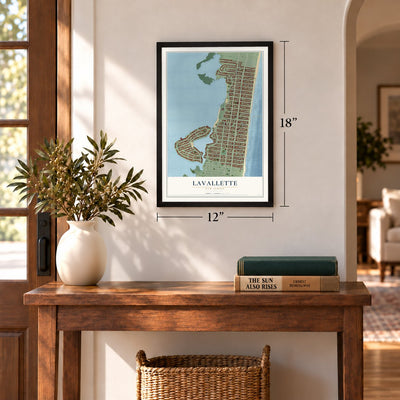 Lavallette, New Jersey map, 12 x 18 inch print in a black frame in an entryway