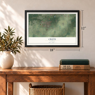 Crete, Illinois map, 12 x 18 inch print in a black frame in an entryway