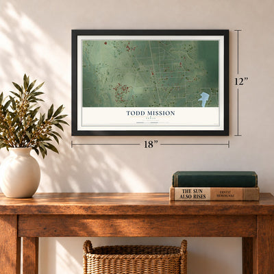 Todd Mission, Texas map, 12 x 18 inch print in a black frame in an entryway