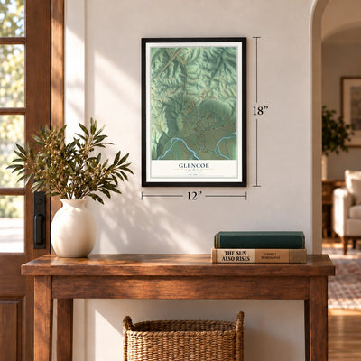Glencoe, Kentucky map, 12 x 18 inch print in a black frame in an entryway