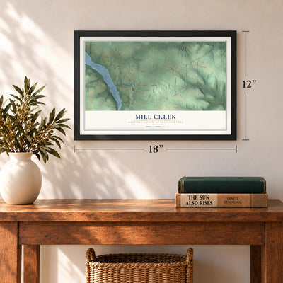 Mill Creek, Mercer County, Pennsylvania map, 12 x 18 inch print in a black frame in an entryway