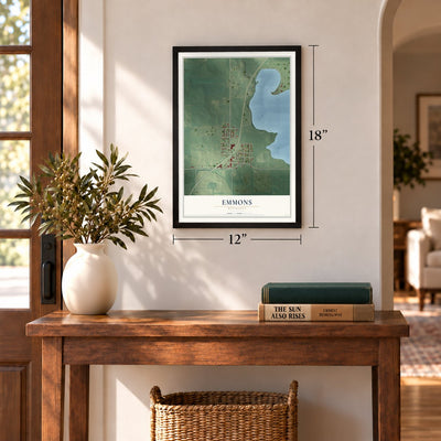 Emmons, Minnesota map, 12 x 18 inch print in a black frame in an entryway