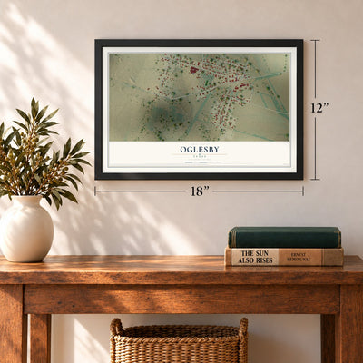 Oglesby, Texas map, 12 x 18 inch print in a black frame in an entryway