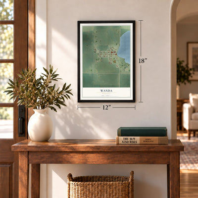Wanda, Minnesota map, 12 x 18 inch print in a black frame in an entryway