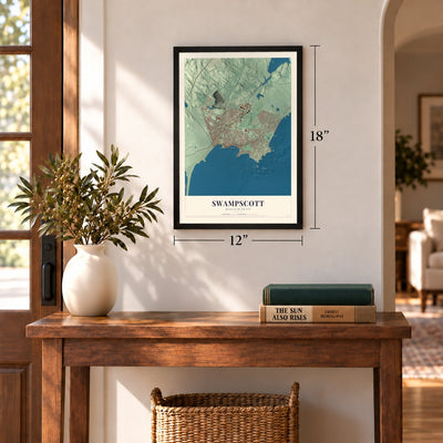 Swampscott, Massachusetts map, 12 x 18 inch print in a black frame in an entryway