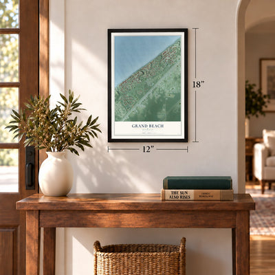 Grand Beach, Michigan map, 12 x 18 inch print in a black frame in an entryway