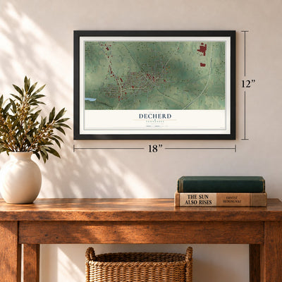 Decherd, Tennessee map, 12 x 18 inch print in a black frame in an entryway