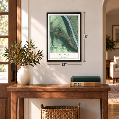 Fallston, Pennsylvania map, 12 x 18 inch print in a black frame in an entryway