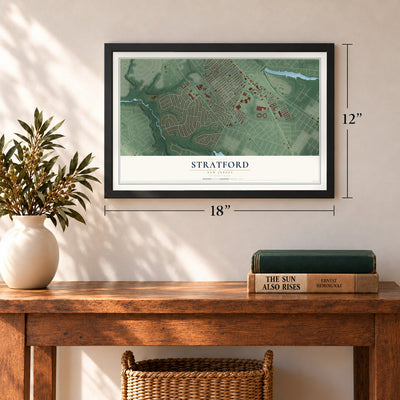 Stratford, New Jersey map, 12 x 18 inch print in a black frame in an entryway