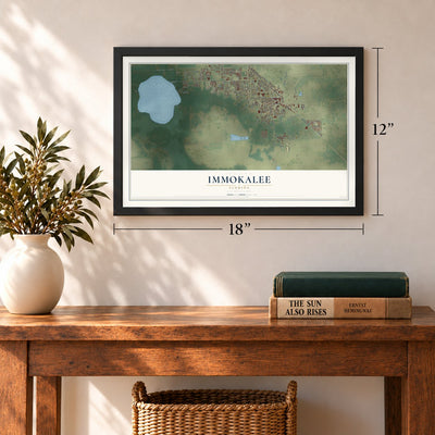 Immokalee, Florida map, 12 x 18 inch print in a black frame in an entryway