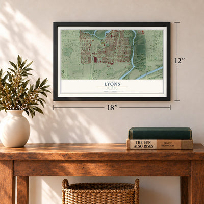 Lyons, Illinois map, 12 x 18 inch print in a black frame in an entryway