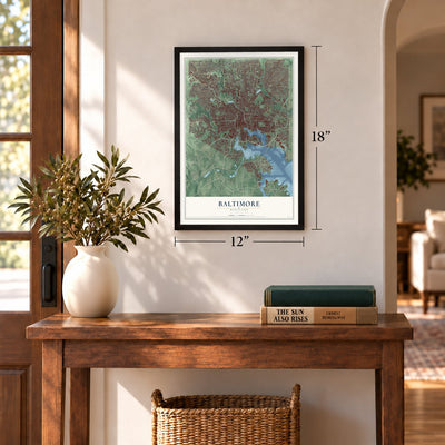Baltimore, Maryland map, 12 x 18 inch print in a black frame in an entryway