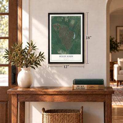 Ocean Acres, New Jersey map, 12 x 18 inch print in a black frame in an entryway