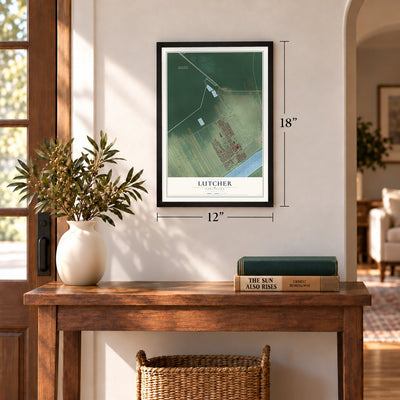 Lutcher, Louisiana map, 12 x 18 inch print in a black frame in an entryway