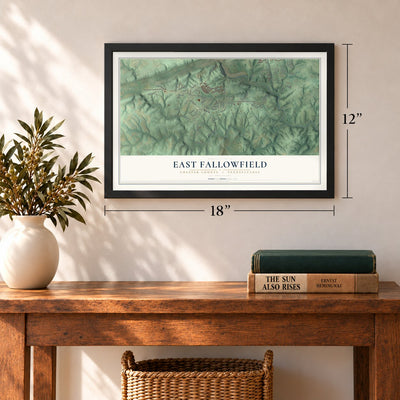 East Fallowfield, Chester County, Pennsylvania map, 12 x 18 inch print in a black frame in an entryway