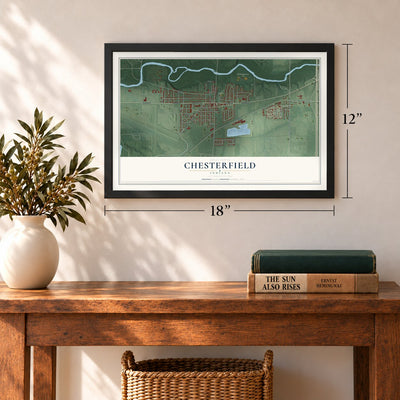 Chesterfield, Indiana map, 12 x 18 inch print in a black frame in an entryway