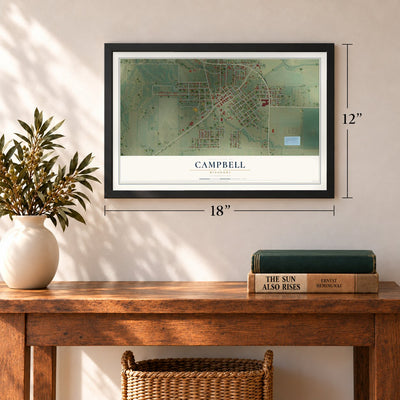 Campbell, Missouri map, 12 x 18 inch print in a black frame in an entryway