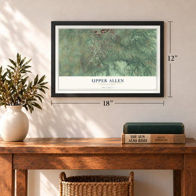 Upper Allen, Pennsylvania map, 12 x 18 inch print in a black frame in an entryway