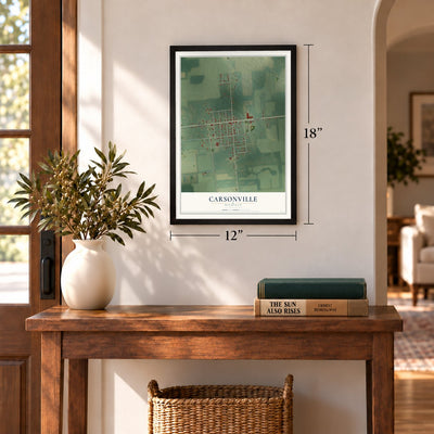 Carsonville, Michigan map, 12 x 18 inch print in a black frame in an entryway