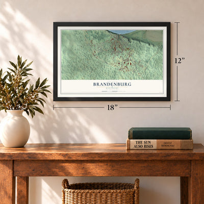 Brandenburg, Kentucky map, 12 x 18 inch print in a black frame in an entryway