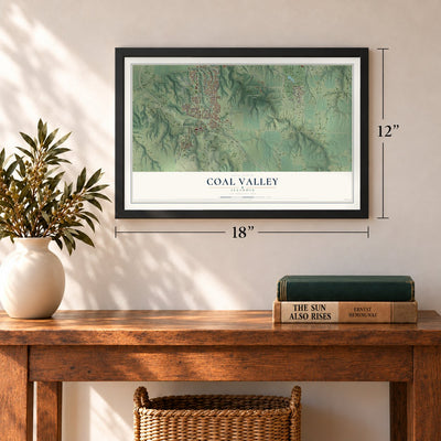 Coal Valley, Illinois map, 12 x 18 inch print in a black frame in an entryway