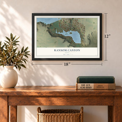 Ransom Canyon, Texas map, 12 x 18 inch print in a black frame in an entryway