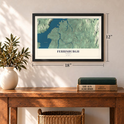 Ferrisburgh, Vermont map, 12 x 18 inch print in a black frame in an entryway